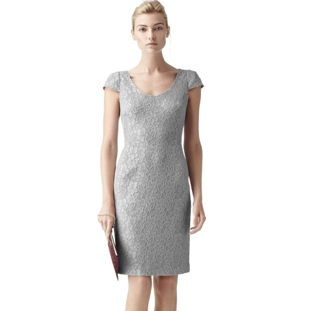 Reiss Marjorie Structured dress soft dove grey lace shift cap sleeves size 4